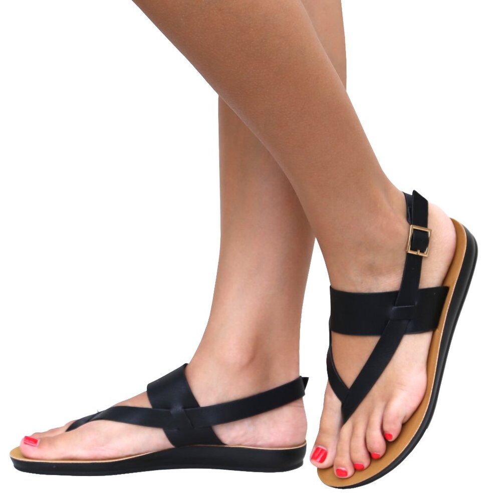 New Women Black Comfy Sole Thong Strap Sling Back Flat Sandals